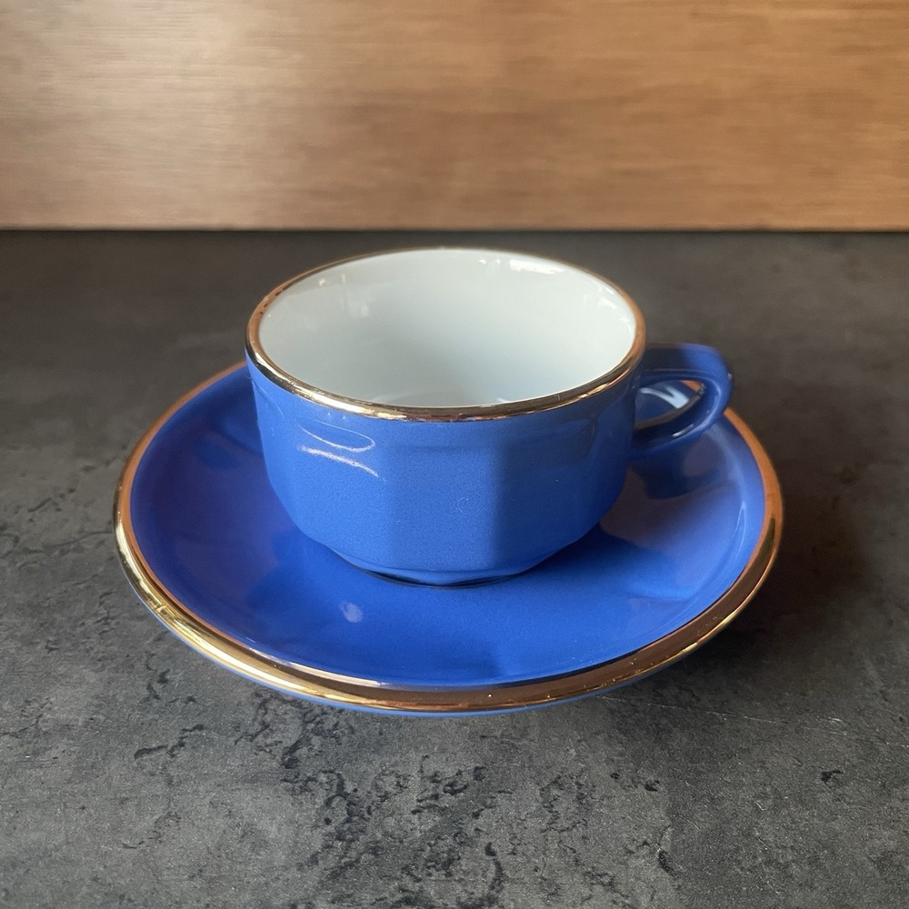 VTG Rare Apilco Cobalt Blue & Gold Coffee Espresso Cup & Saucer Small